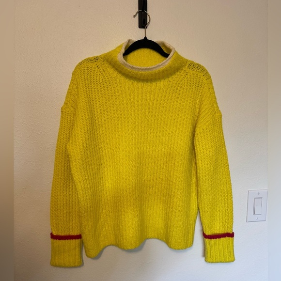 Maeve Anthropologie Yellow Pink Knit Mock Neck Sweater Medium Cuffed EUC - Picture 1 of 6
